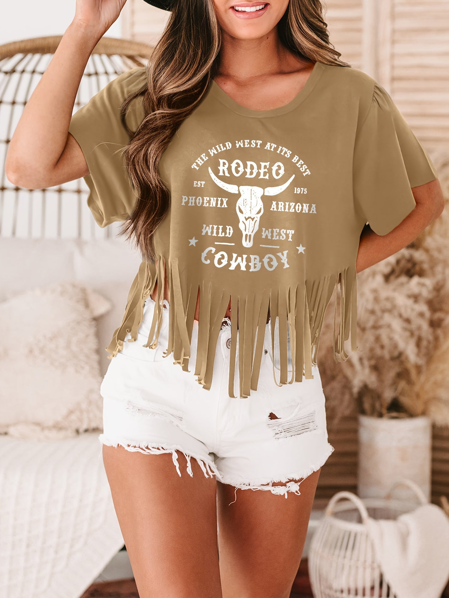 Autumn Women's Patterned T-shirt Western Style Shirt Retro Denim Tassel Shirt Country Concert Top Short Sleeved